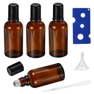 HEYLEAYAR 30ML Roller Bottles for Essential Oil 4 Pack Empty Amber Glass Roller Bottle for Perfume Oil Roll on Bottles with Stainless Steel Roller Balls Opener Funnel and Dropper