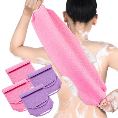 Moukeren Exfoliating Back Scrubber with Handles 4 Pack Nylon Back Exfoliator Extended Length Washers Scrubbers Stretchable Pull Strap Exfoliating Washcloth Pink Purple