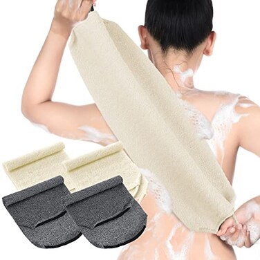 Moukeren Exfoliating Back Scrubber with Handles 4 Pack Nylon Back Exfoliator Extended Length Washers Scrubbers Stretchable Pull Strap Exfoliating Washcloth Grey Cream White