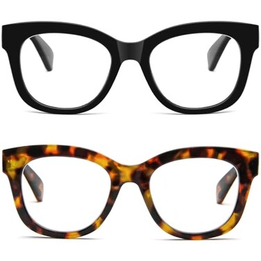 REAVEE 2 Pack Retro Oversized Reading Glasses for Women Men Blue Light Blocking Computer Readers Stylish Spring Hinge Black Brown Leopard 10x