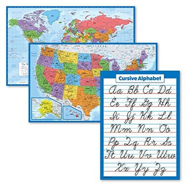 Palace Learning 3 Pack World USA Map Poster Set Blue Ocean Cursive Handwriting ABC Alphabet Chart LAMINATED 18 X 29