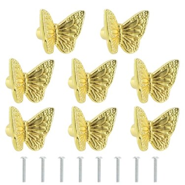 Savagrow 8Pcs Butterfly Drawer Knobs Decorative Cabinet Knobs Brass Gold Single Hole Furniture Household Knobs Hardware