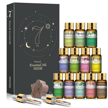 PHATOIL Essential Oil Set 12x5ml Essential Oils Gift Set with Diffused Wood 100 Natural Pure Essential Oils for Diffusers DIY Candle Soap Making