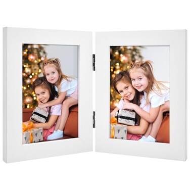Frametory 4x6 Double Hinged Picture Frame with Glass Front Engineered Wood Two Photo Frame Collage for Vertical Display Side by Side Standing Frame White 1 Pack