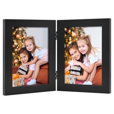 Frametory 5x7 Double Hinged Picture Frame with Glass Front Engineered Wood Two Photo Frame Collage for Vertical Display Side by Side Standing Frame Black 1 Pack