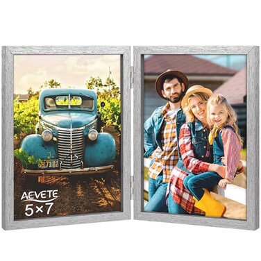 AEVETE 5x7 Picture Frames Double Hinged Wood Folding Photo Frames Vertical with Plexiglass Front Silver