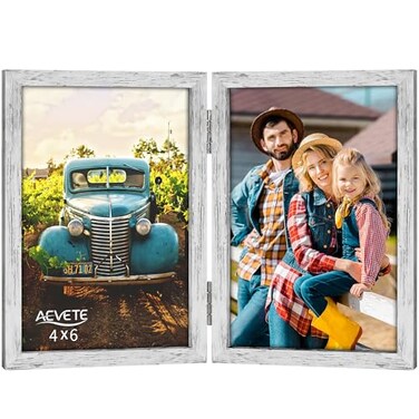 AEVETE 4x6 Picture Frames Double Hinged Wood Folding Photo Frames Vertical with Plexiglass Front Distressed White