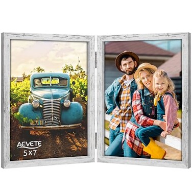 AEVETE 5x7 Picture Frames Double Hinged Wood Folding Photo Frames Vertical with Plexiglass Front Distressed White