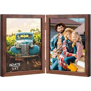 AEVETE 5x7 Picture Frames Double Hinged Wood Folding Photo Frames Vertical with Plexiglass Front Brown