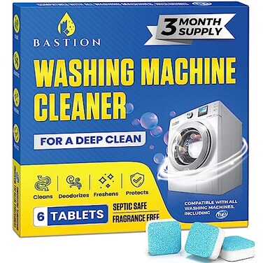 Bastion Washing Machine Cleaner Deodorizer Descaler 6Pack Active Deep Cleaning Tablets For HE Front Loader Top Load Washer Septic Safe EcoFriendly 3 Month Supply