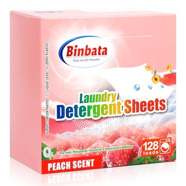 Binbata Laundry Detergent Sheets Up To 128 Loads Hypoallergenic EcoFriendly Peach Scent Biodegradable Plastic Free Liquidless Laundry Sheets Suitable for Sensitive Skin