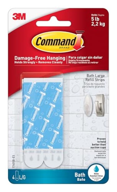 Command 5 lb Large WaterResistant Refill Strips 4 Strips Reuse Large Bath Hooks or Caddies