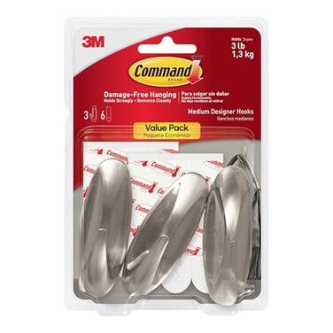 Command Medium Designer Hooks Brushed Nickel 3Hooks 6Strips Decorate DamageFree