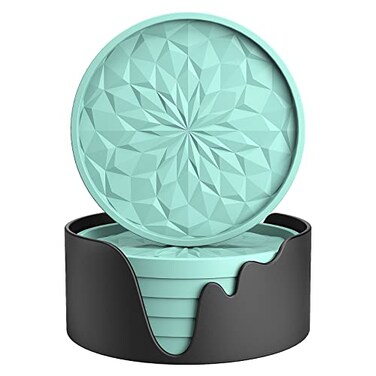 MEFAN Silicone Coasters with Holder6 Pack Drinking Coasters Cup Mat for Hot or Cold Drinks Thickened NonSlip NonstickDeep Tray Mint Green