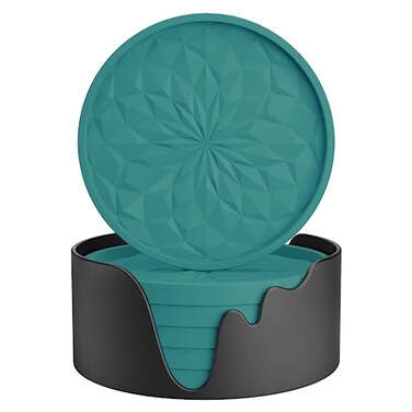 MEFAN Silicone Coasters with Holder6 Pack Drinking Coasters Cup Mat for Hot or Cold Drinks Thickened NonSlip NonstickDeep Tray Teal Blue