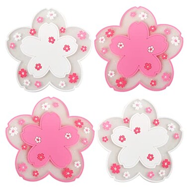 Coasters for Drinks Set of 4 Silicon Cup Coasters Cute Pink Cup Mats Cherry Blossom Coaster Table Cup Mat for Drinks Coffee Tea 45in