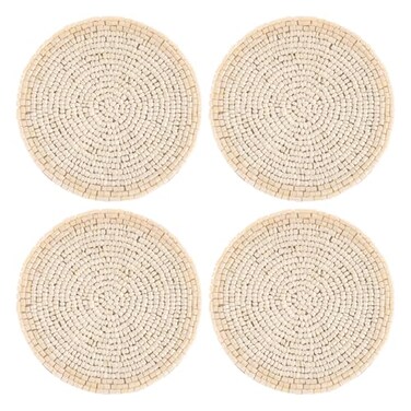 Karma Beaded Drink Coasters Set of 4 Boho Round Beaded Coasters for Dinning Table and Coffee Table Cream