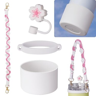 NiHome Accessory Kit for 14oz Stanley Tumbler Includes Handwoven Handle Strap Silicone Ring Silicone Straw Cap and Silicone Boot for Everyday Use Stylish Design with Enhanced Security White