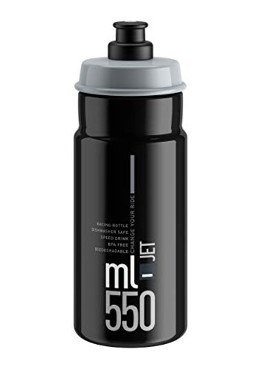 Elite Jet Cycling Water Bottle 550ml Black with Grey Logo HighFlow Biodegradable BPAFree