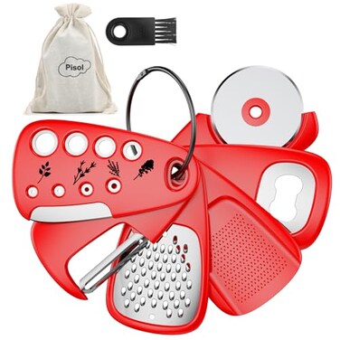 Pisol Kitchen Unique Gadgets Set 6 Pieces Space Saving Cheese Grater Bottle Opener Fruit Vegetable Peeler Pizza Cutter Garlic Ginger Grinder Herb Stripper Gift Set
