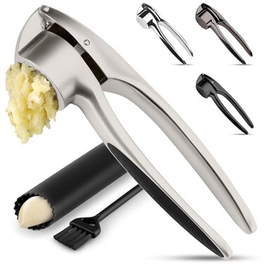 Zulay Kitchen Premium Garlic Press Set Rust Proof Dishwasher Safe Garlic Mincer Tool with Silicone Garlic Peeler Brush Easy Squeeze Clean Ergonomic Soft Grip Handle Medium Silver