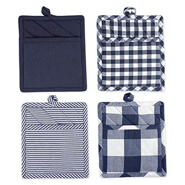 DII Gingham Check Kitchen Collection Navy Potholder Set