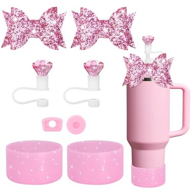 Set for Stanley Cup Accessories Including 2 Straw Bow 2Pcs Diamond Straw Topper 2 Pcs Silicone Spill Proof Stopper 2Pcs Protective Glitter Silicone Boot Pink Set for Stanley Cup 4030 OZ