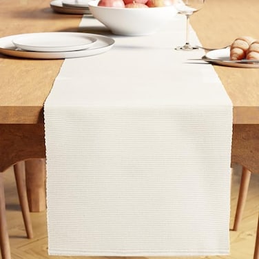 Encasa XO Dining Table Runner 13x72 Yarn Dyed Fine Ribbed Cotton Solid Off White Machine Washable