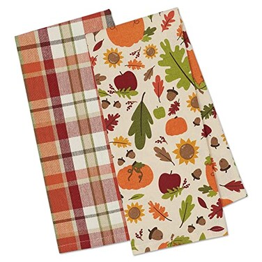 DII Fall Basics Kitchen Dishtowel Collection Printed Plaid Fall Dish Towel Set 18x28 Pumpkin Spice 2 Count