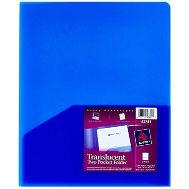 Avery Translucent Two Pocket Folder Water Resistant Holds Up To 20 Sheets 1 Blue Folder 47811