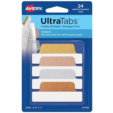 Avery Margin Ultra Tabs 25 X 1 2Side Writable Assorted Metallic 24 Repositionable Page Tabs 74786