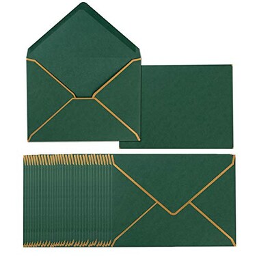 50 Pack A7 Envelopes Dark Green 5 X 7 With Gold Border