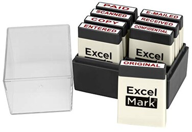 Excelmark Mini Office Message Rubber Stamp Set Red Ink Storage Tray Included