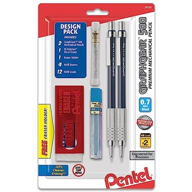 Pentel Graphgear 500 Automatic Pencil Kit 07Mm Refill Leads Block Eraser 2 Pack Pg527Lebp2