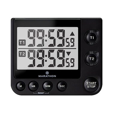 Marathon Dual Digital Timer With Large Display 100Hour Countdowncount Up Adjustable Volume Alarm Flashing Visual Alert Memory Function Magnetic Back Stand Black
