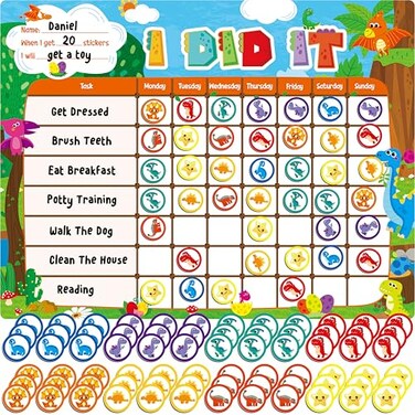 SpriteGru Magnetic Reward Chart Dry Erase Task BoardOne Chart 72 Magnetic Reward Magnets Dinosaur Theme Behavior Tracker for Daily Routine Potty Training
