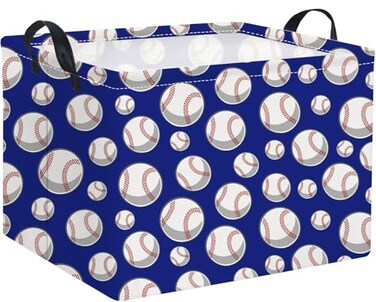 HIYAGON Rectangular Baseball Toy Storage Bin Organizer Box Kids Gift Basket Blue Baseball