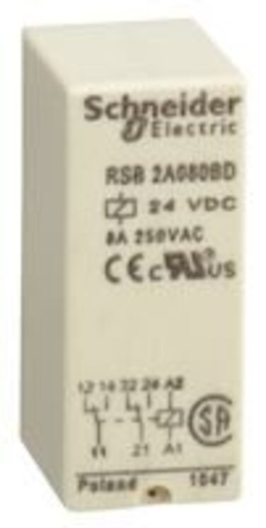 SCHNEIDER ELECTRIC RSB2A080BD INTERFACE RELAY, DPDT, 24VDC, 8A PLUG-IN