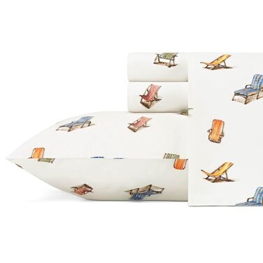 Tommy Bahama - Queen Sheet Set with Fitted SheetPillowcases, 100% Cotton Percale Bedding, CrispCool, Deep Pocket, Dorm Room Essentials, Beach Chairs