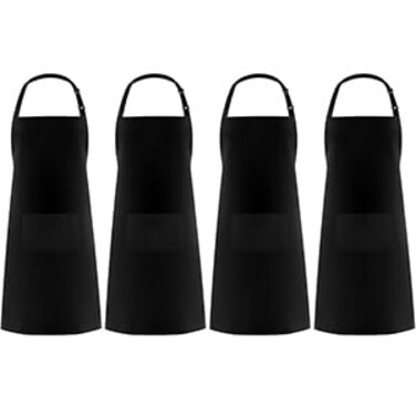 Syntus 4 Pack Adjustable Bib Apron with 2 Pockets Unisex, Polyester, Black