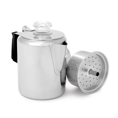 GSI Outdoors 3 Cup Percolator Coffee Pot Glacier Stainless Steel with Silicone Handle for Camping, Backpacking, Travel, RVHunting - Stove Safe