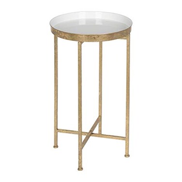 Kate and Laurel Celia Round Metal Foldable Tray Accent Table, White with Gold Base