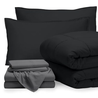 Bare Home Bed-in-A-Bag 7 Piece ComforterSheet Set - Queen - Goose Down Alternative - Ultra-Soft 1800 Premium Bedding Set ,Queen, Black/Grey
