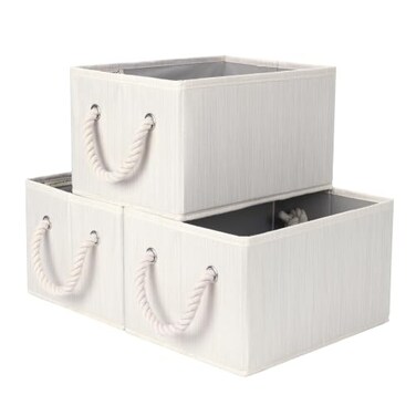 StorageWorks Fabric Storage Bins with Rope Handles, Beige, Small, 3-Pack