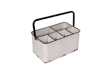 Creative Co-Op Metal Caddy with 6 Compartments, Handle, and Distressed Enamel Finish, White and Black