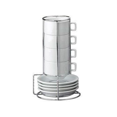 HIC Kitchen Stackable Espresso Coffee Set, Fine Porcelain, 9-Piece Set, 4-Ounce Service for 4 Plus Storage Stand