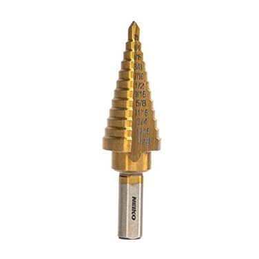 NEIKO 10185A Step Drill Bit, 12 Steps 3/16 to 7/8 Straight High Speed Steel, Titanium Nitride Coated, 3/8 Tri Flat Step Bits for Steel, Metal, Wood, Plastic, Unibit Cone Drill Bits, Two Flute