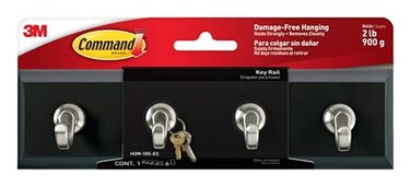 Command 3M HOM18SES Decorative Key Rail, 8w x 1 1/2d x 2 1/8h, Black/Silver, 4 Hooks/Pack
