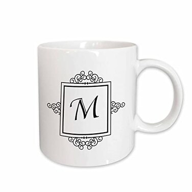 3dRose Initial Letter M Monogrammed Black White Typography 11oz Mug
