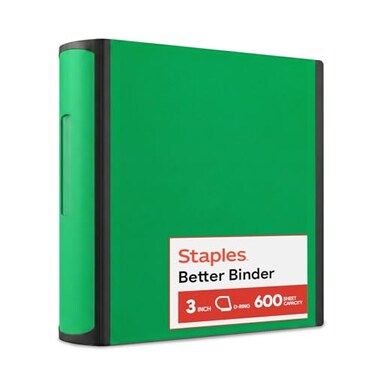Staples Heavy-Duty 3-Inch D-Ring Binder, Green, Holds 600 Sheets